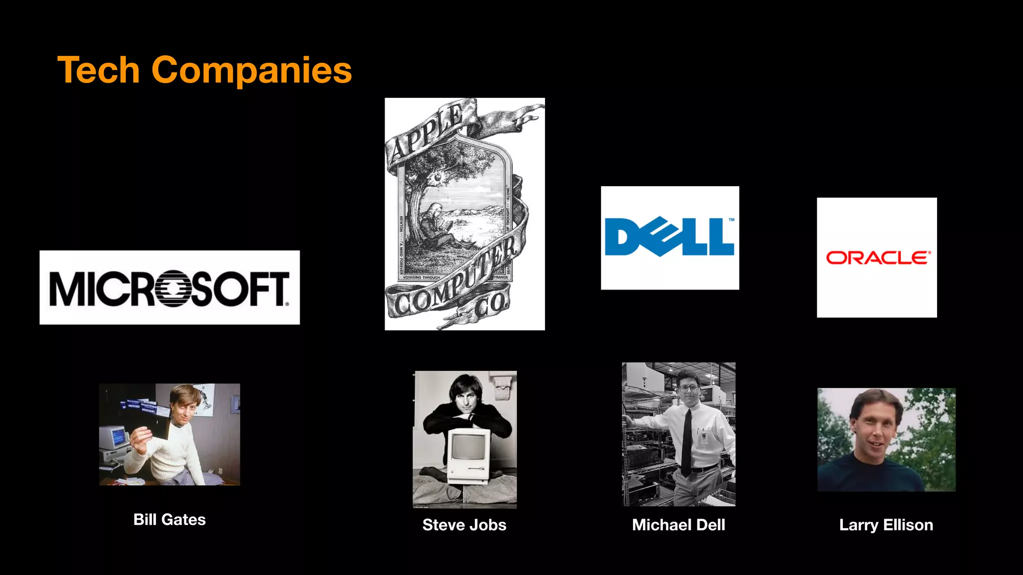 Bill Gates Steve Jobs Michael Dell Larry Ellison
Tech Companies
 