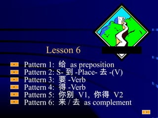 Lesson 6
Pattern 1: 给 as preposition
Pattern 2: S- 到 -Place- 去 -(V)
Pattern 3: 要 -Verb
Pattern 4: 得 -Verb
Pattern 5: 你别 V1, 你得 V2
Pattern 6: 来 / 去 as complement

 