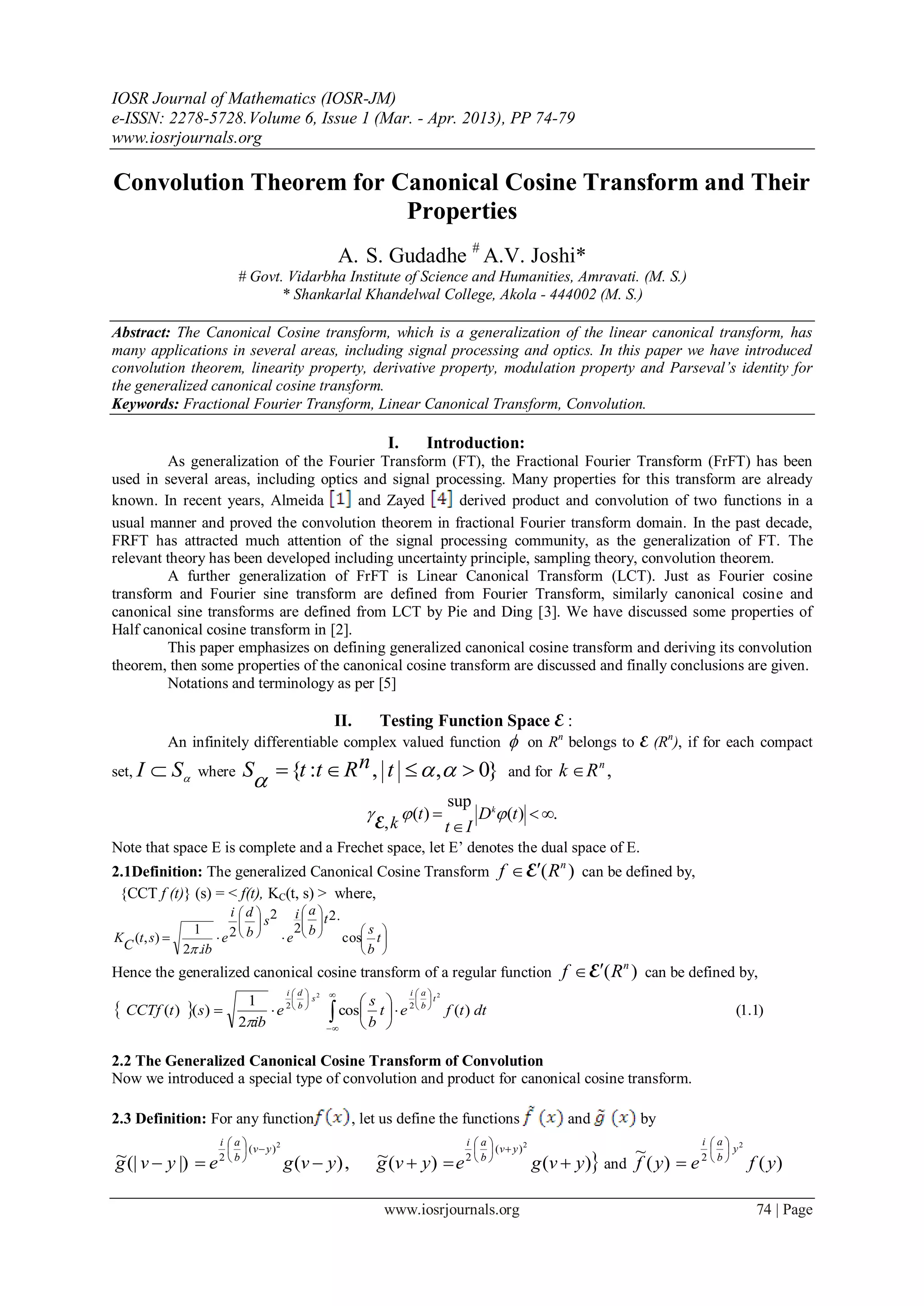 Convolution Theorem for Canonical Cosine Transform and Their Properties ...