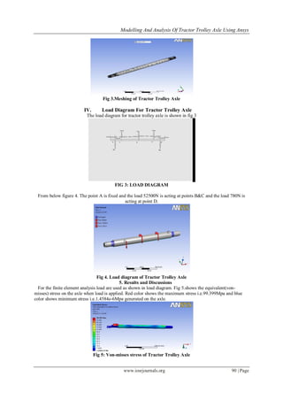 Modelling And Analysis Of Tractor Trolley Axle Using Ansys
www.iosrjournals.org 90 | Page
Fig 3.Meshing of Tractor Trolley Axle
IV. Load Diagram For Tractor Trolley Axle
The load diagram for tractor trolley axle is shown in fig 3
F
FIG 3: LOAD DIAGRAM
From below figure 4. The point A is fixed and the load 52500N is acting at points B&C and the load 780N is
acting at point D.
Fig 4. Load diagram of Tractor Trolley Axle
5. Results and Discussions
For the finite element analysis load are used as shown in load diagram. Fig 5.shows the equivalent(von-
misses) stress on the axle when load is applied. Red color shows the maximum stress i.e.99.399Mpa and blue
color shows minimum stress i.e.1.4584e-6Mpa generated on the axle.
Fig 5: Von-misses stress of Tractor Trolley Axle
 