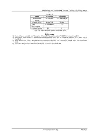 Modelling And Analysis Of Tractor Trolley Axle Using Ansys
www.iosrjournals.org 92 | Page
TABLE 3
Name Maximum Minimum
Von-misses
stress
99.399Mpa 1.4584e-6Mpa
Elastic Strain 4.8487e-4 7.114e-12
Total
Deformation
0.55864mm 0
Factor of safety 15 0
TABLE 4: Static analysis results of circular axle
References
[1] Harish V. Katore, Santosh B. Jaju,”Redesiginig of Tractor Trolley Axle Using Ansys”, IJEST, Vol 3, Issue 6, June 2011.
[2] Sanjoy Aloni, Sandip Khedkar, “Comparative Evaluation Of Tractor Trolley Axle By Using FEM Approach”, IJEST, Vol 4, Issue 4,
April 2012.
[3] Happy Bansal, Sunil Kumar,” Weight Reduction And Analysis Of Trolley Axle Using Ansys”, IJEMR, Vol 2, Issue 6, December
2012.
[4] Osman Asi, “Fatigue Failure Of Rear Axle Shaft Of an Automobile,” Vol 13 Feb 2006.
 