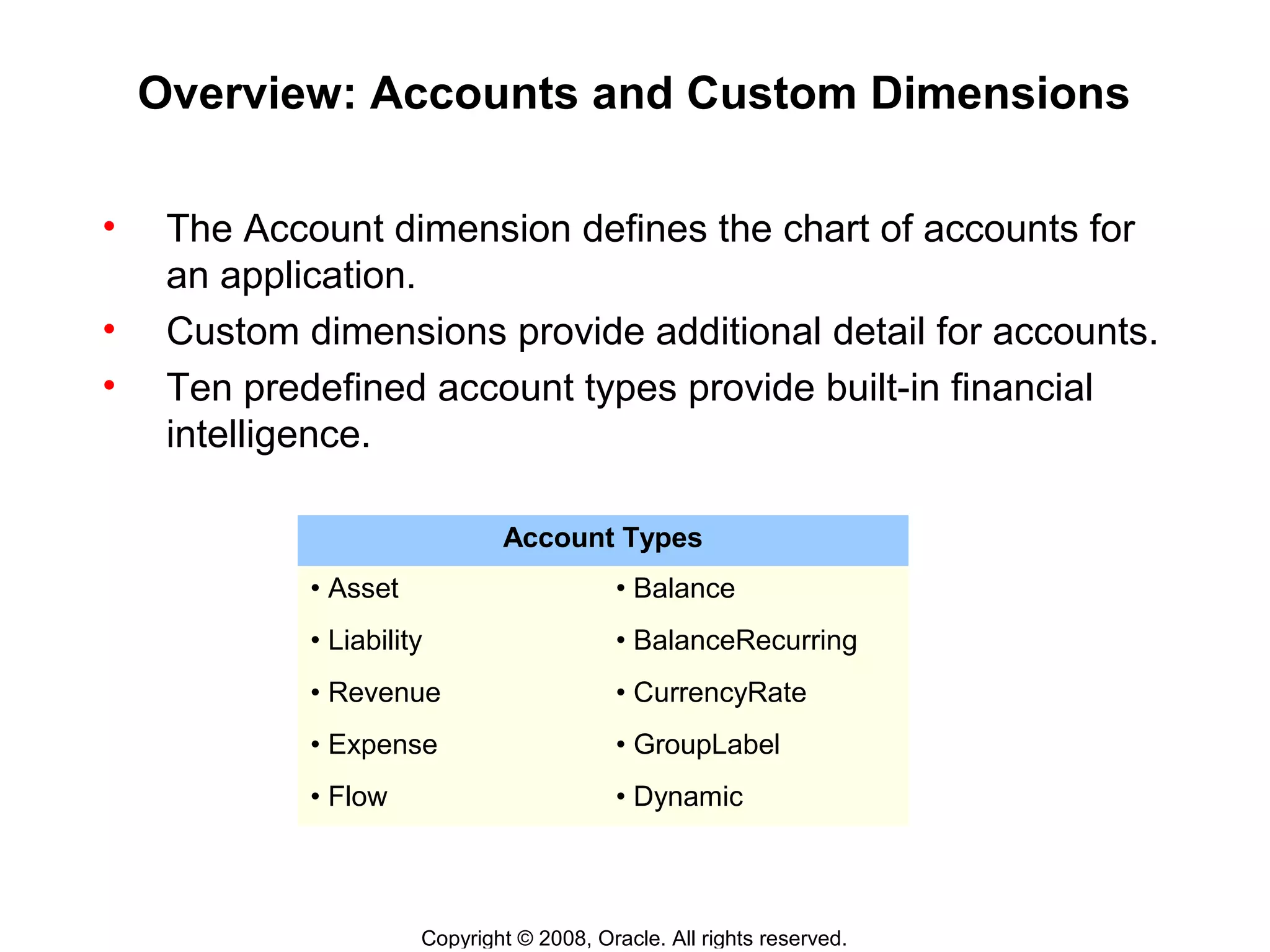 Copyright © 2008, Oracle. All rights reserved.
Overview: Accounts and Custom Dimensions
• The Account dimension defines the chart of accounts for
an application.
• Custom dimensions provide additional detail for accounts.
• Ten predefined account types provide built-in financial
intelligence.
Account Types
• Asset • Balance
• Liability • BalanceRecurring
• Revenue • CurrencyRate
• Expense • GroupLabel
• Flow • Dynamic
 
