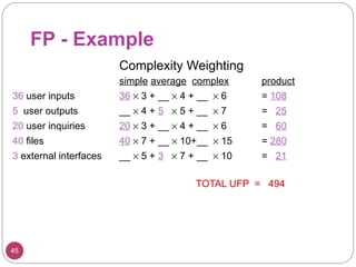 FP - Example <ul><li>Complexity Weighting </li></ul><ul><li>simple   average   complex product </li></ul><ul><li>36  user ...