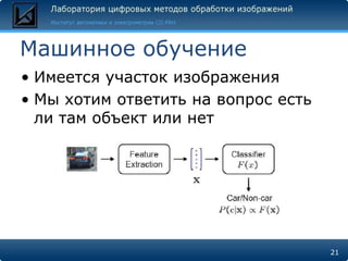 Машинное обучение
• Имеется участок изображения
• Мы хотим ответить на вопрос есть
  ли там объект или нет




                                     21
 