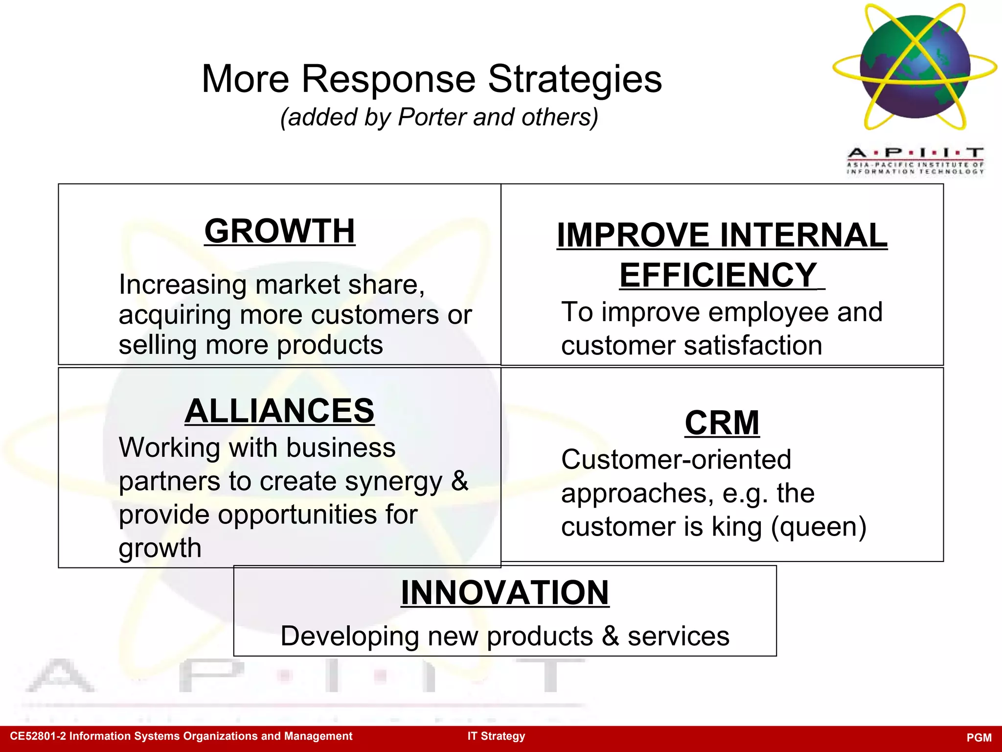More Response Strategies   (added by Porter and others) INNOVATION Developing new products & services GROWTH Increasing market share, acquiring more customers or selling more products  IMPROVE INTERNAL EFFICIENCY   To improve employee and customer satisfaction ALLIANCES Working with business partners to create synergy & provide opportunities for growth CRM Customer-oriented approaches, e.g. the customer is king (queen)   