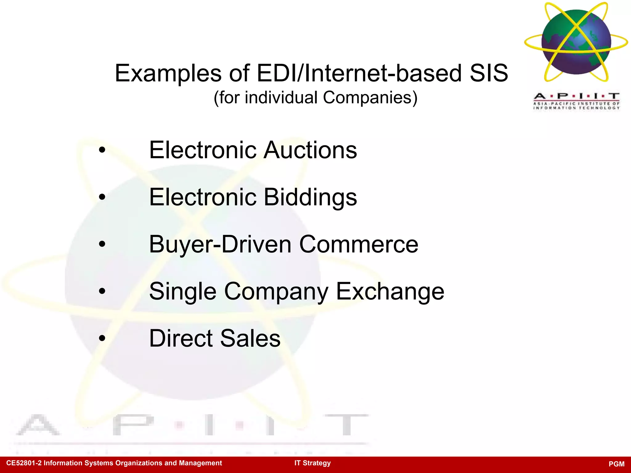 Examples of EDI/Internet-based SIS   (for individual Companies) Electronic Auctions  Electronic Biddings Buyer-Driven Commerce Single Company Exchange Direct Sales 