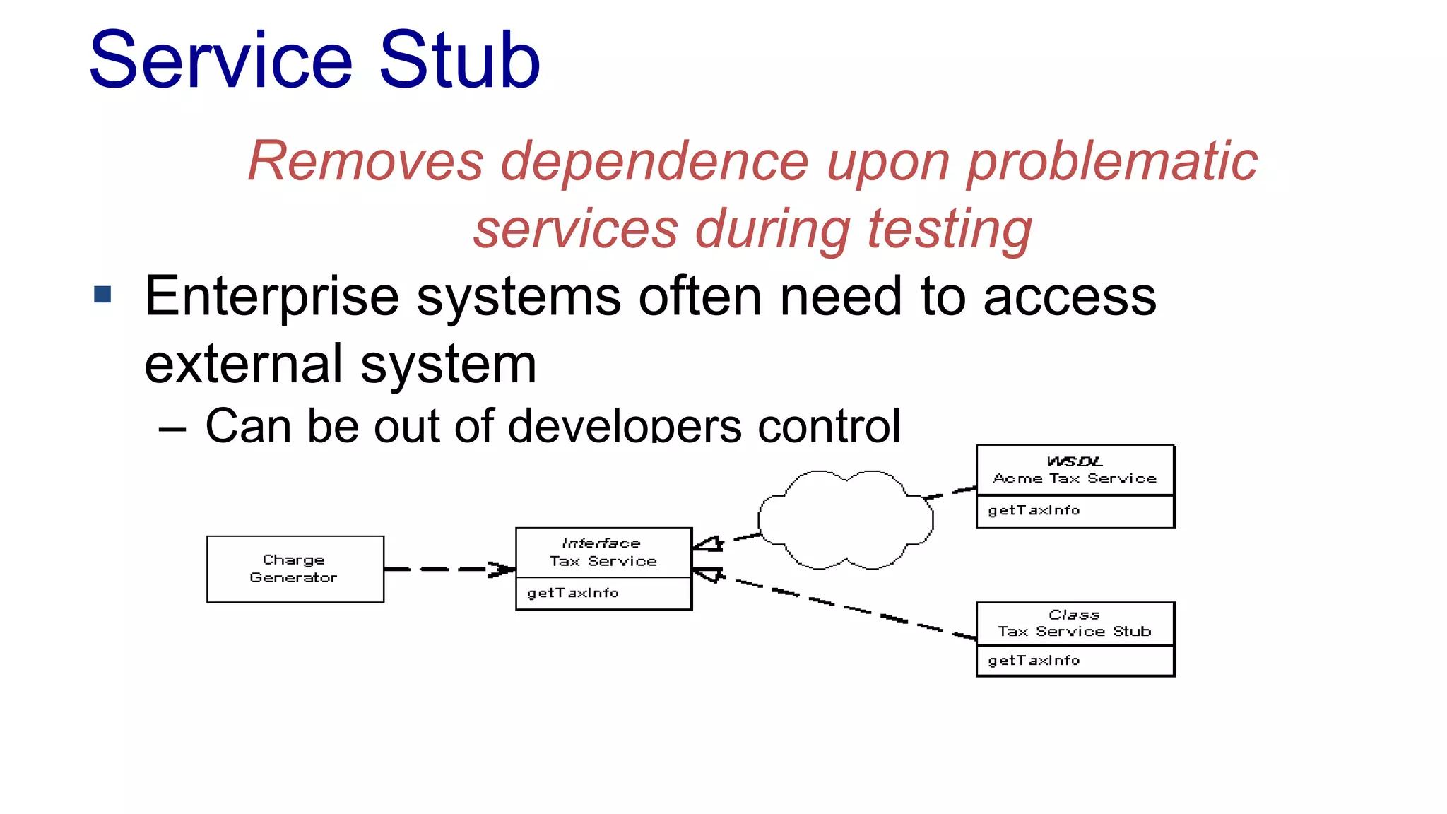 Service Stub 
Removes dependence upon problematic 
services during testing 
 Enterprise systems often need to access 
external system 
– Can be out of developers control 
 