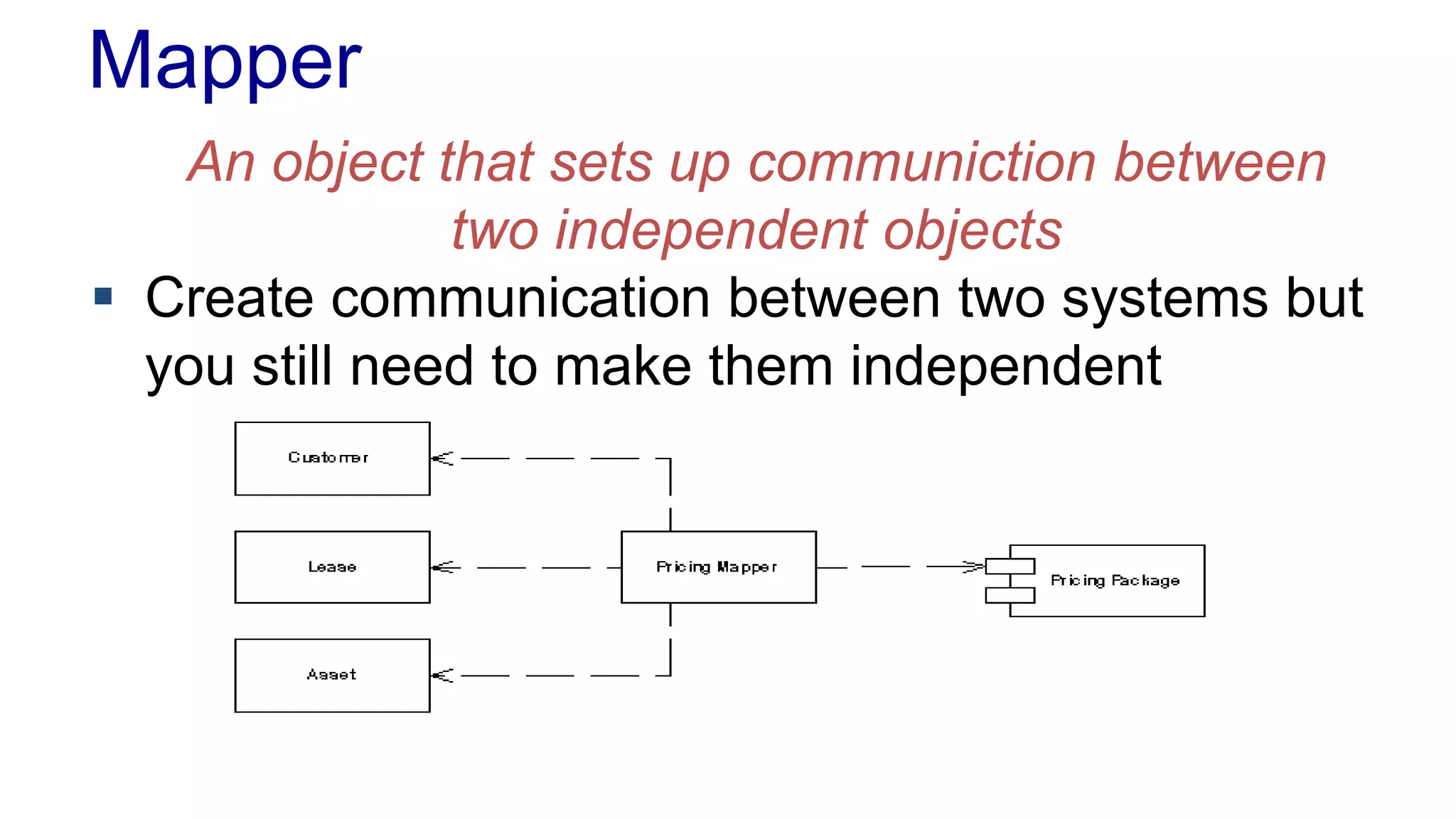 Mapper 
An object that sets up communiction between 
two independent objects 
 Create communication between two systems but 
you still need to make them independent 
 