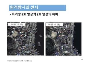 • 아리랑 2호 영상과 3호 영상의 차이
원격탐사의 센서
222
정재준, 노영희, 공간정보의 이해, 국토교통부, 2015
 