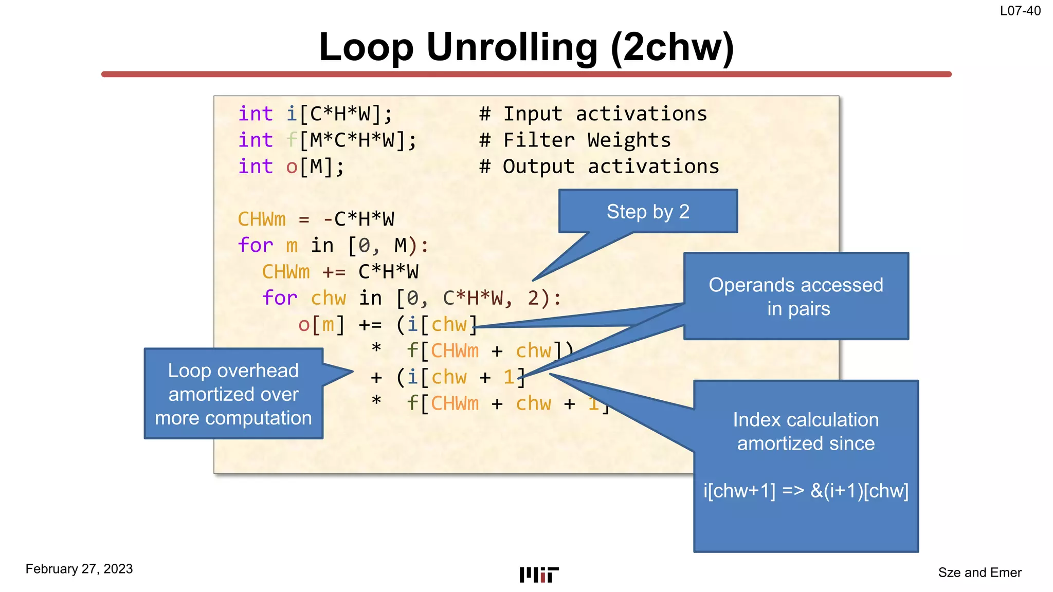 L07-40
Sze and Emer
Loop Unrolling (2chw)
February 27, 2023
int i[C*H*W]; # Input activations
int f[M*C*H*W]; # Filter Weights
int o[M]; # Output activations
CHWm = -C*H*W
for m in [0, M):
CHWm += C*H*W
for chw in [0, C*H*W, 2):
o[m] += (i[chw]
* f[CHWm + chw])
+ (i[chw + 1]
* f[CHWm + chw + 1]
Index calculation
amortized since
i[chw+1] => &(i+1)[chw]
Loop overhead
amortized over
more computation
Operands accessed
in pairs
Operands accessed
in pairs
Step by 2
 