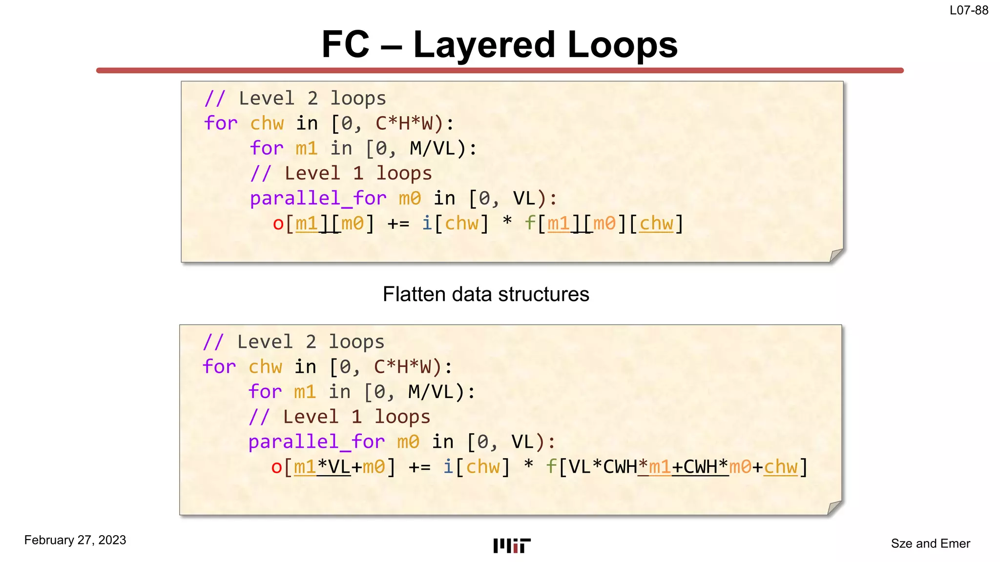 L07-88
Sze and Emer
FC – Layered Loops
// Level 2 loops
for chw in [0, C*H*W):
for m1 in [0, M/VL):
// Level 1 loops
parallel_for m0 in [0, VL):
o[m1][m0] += i[chw] * f[m1][m0][chw]
// Level 2 loops
for chw in [0, C*H*W):
for m1 in [0, M/VL):
// Level 1 loops
parallel_for m0 in [0, VL):
o[m1*VL+m0] += i[chw] * f[VL*CWH*m1+CWH*m0+chw]
February 27, 2023
Flatten data structures
 