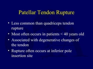 Patellar Tendon Rupture
• Less common than quadriceps tendon
rupture
• Most often occurs in patients < 40 years old
• Associated with degenerative changes of
the tendon
• Rupture often occurs at inferior pole
insertion site
 