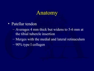Anatomy
• Patellar tendon
– Averages 4 mm thick but widens to 5-6 mm at
the tibial tubercle insertion
– Merges with the medial and lateral retinaculum
– 90% type I collagen
 