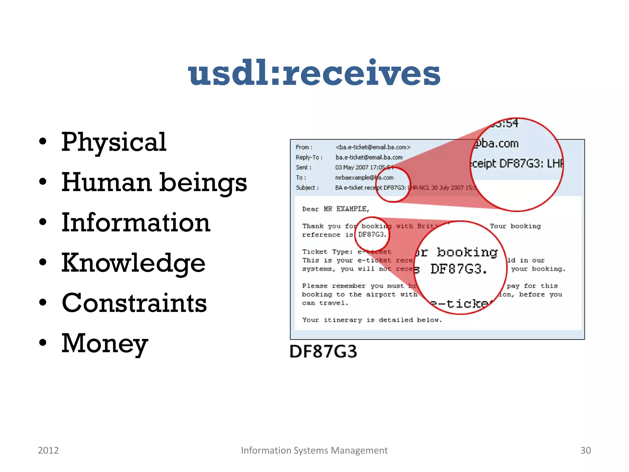 usdl:receives
•      Physical
•      Human beings
•      Information
•      Knowledge
•      Constraints
•      Money


2012              Information Systems Management   30
 