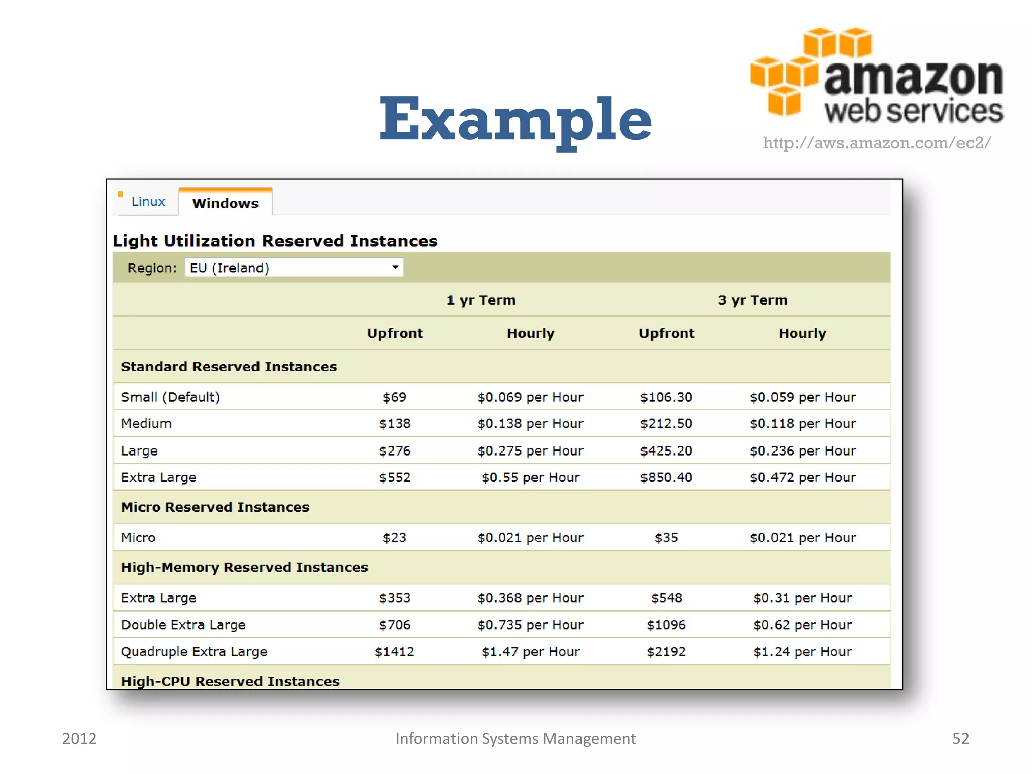 Example                          http://aws.amazon.com/ec2/




2012   Information Systems Management                        52
 