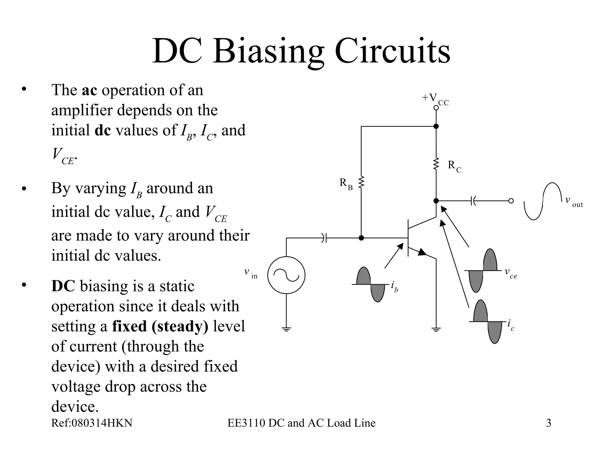 DC Biasing Circuits The  ac  operation of an amplifier depends on the initial  dc  values of  I B ,  I C , and  V CE .  By varying  I B  around an initial dc value,  I C  and  V CE  are made to vary around their initial dc values.  DC  biasing is a static operation since it deals with setting a  fixed (steady)  level of current (through the device) with a desired fixed voltage drop across the device.  