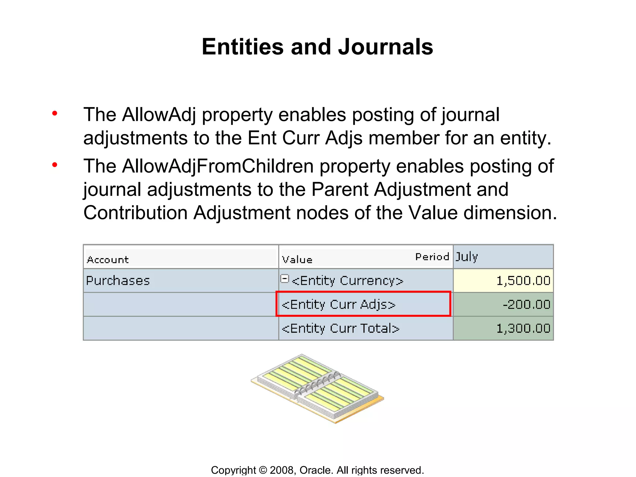 Copyright © 2008, Oracle. All rights reserved.
Entities and Journals
• The AllowAdj property enables posting of journal
adjustments to the Ent Curr Adjs member for an entity.
• The AllowAdjFromChildren property enables posting of
journal adjustments to the Parent Adjustment and
Contribution Adjustment nodes of the Value dimension.
 