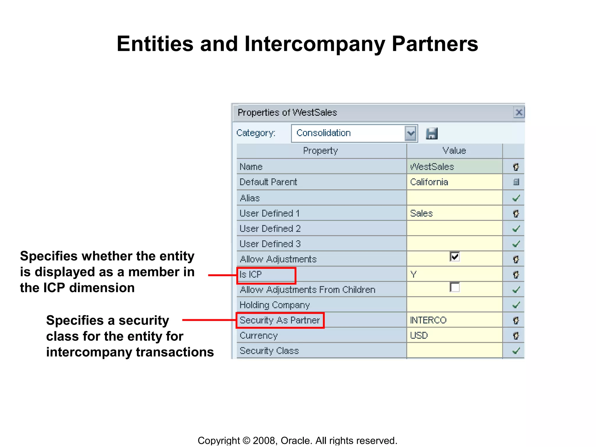 Copyright © 2008, Oracle. All rights reserved.
Entities and Intercompany Partners
Specifies whether the entity
is displayed as a member in
the ICP dimension
Specifies a security
class for the entity for
intercompany transactions
 