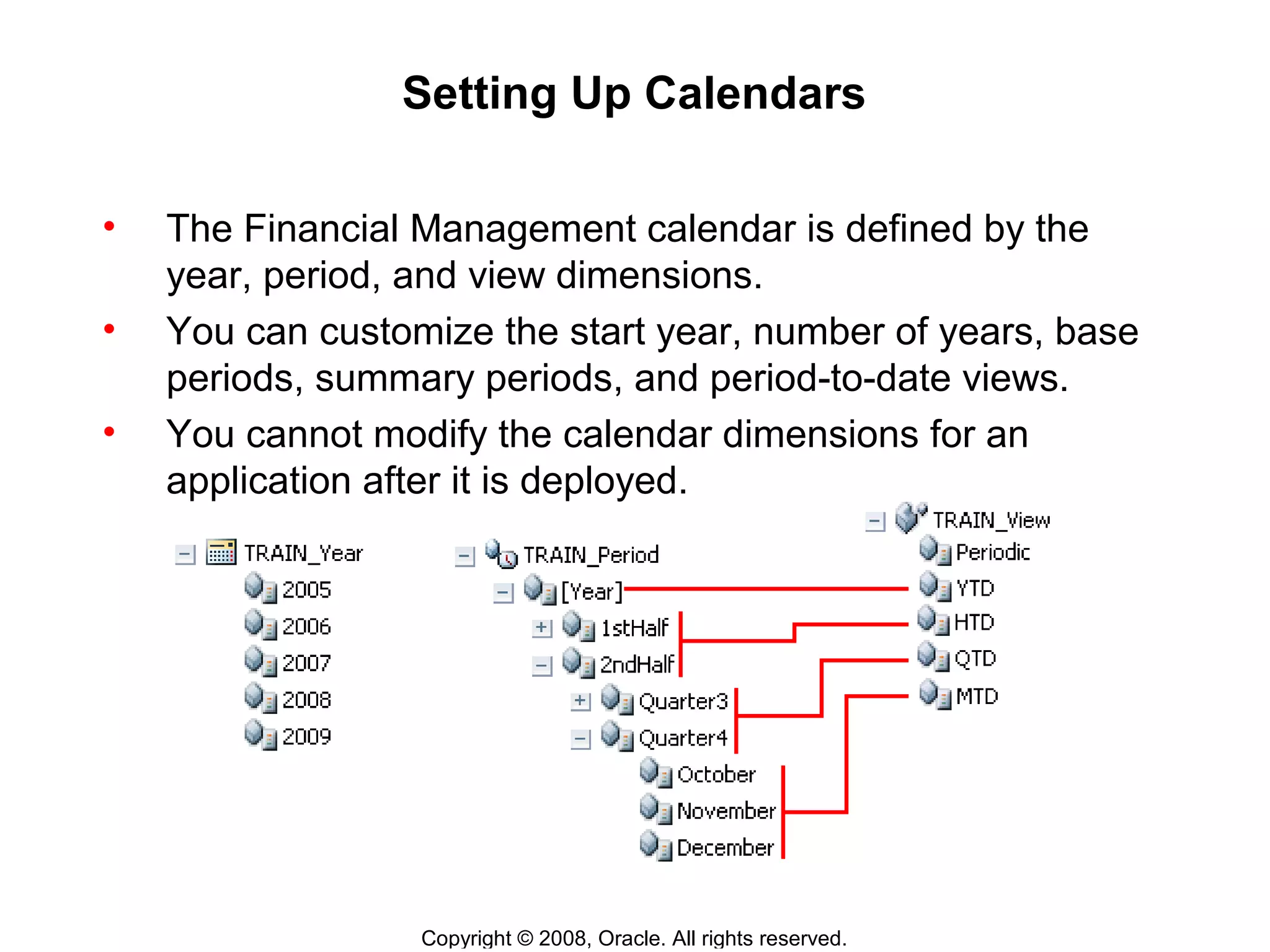 Copyright © 2008, Oracle. All rights reserved.
Setting Up Calendars
• The Financial Management calendar is defined by the
year, period, and view dimensions.
• You can customize the start year, number of years, base
periods, summary periods, and period-to-date views.
• You cannot modify the calendar dimensions for an
application after it is deployed.
 