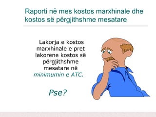 Raporti në mes kostos marxhinale dhe
kostos së përgjithshme mesatare
Lakorja e kostos
marxhinale e pret
lakorene kostos së
përgjithshme
mesatare në
minimumin e ATC.
Pse?
 