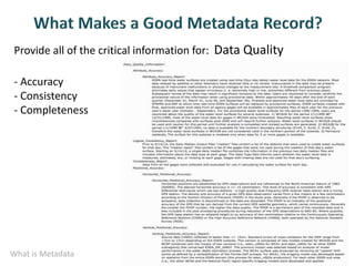 What is Metadata
Provide all of the critical information for: Data Quality
Inform
- Accuracy
- Consistency
- Completeness
 