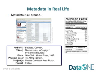 What is Metadata
• Metadata is all around…
Author(s) Boullosa, Carmen.
Title(s) They're cows, we're pigs /
by Carmen Boullosa
Place New York : Grove Press, 1997.
Physical Descr viii, 180 p ; 22 cm.
Subject(s) Pirates Caribbean Area Fiction.
Format Fiction
CC
image
by
USDAgov
on
Flickr
CC
image
by
Mskadu
on
Flickr
 