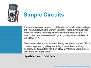 ONACD - Editable curriculum designed for teachers by teachers
Simple Circuits
Symbols and Devices
ONACD –Editable Curriculum designed for teachers by teachers
A vacuum salesman appeared at the door of an old lady's cottage
and, without allowing the woman to speak, rushed into the living
room and threw a large bag of dirt all over her clean carpet. He
said, "If this new vacuum doesn't pick up every bit of dirt then I'll
eat all the dirt."
The woman, who by this time was losing her patience, said, "Sir, if
I had enough money to buy that thing, I would have paid my
electricity bill before they cut it off. Now, what would you prefer, a
spoon or a knife and fork?"
 