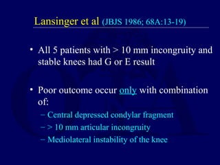 Lansinger et al (JBJS 1986; 68A:13-19)
• All 5 patients with > 10 mm incongruity and
stable knees had G or E result
• Poor outcome occur only with combination
of:
– Central depressed condylar fragment
– > 10 mm articular incongruity
– Mediolateral instability of the knee
 