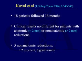 Koval et al (J Orthop Traum 1994; 6:340-346)
• 18 patients followed 16 months
• Clinical results no different for patients with
anatomic (< 2 mm) or nonanatomic (> 2 mm)
reductions
• 5 nonanatomic reductions:
• 2 excellent, 3 good results
 