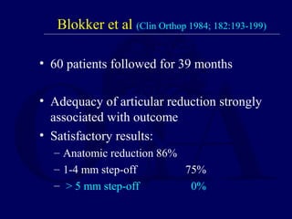 Blokker et al (Clin Orthop 1984; 182:193-199)
• 60 patients followed for 39 months
• Adequacy of articular reduction strongly
associated with outcome
• Satisfactory results:
– Anatomic reduction 86%
– 1-4 mm step-off 75%
– > 5 mm step-off 0%
 