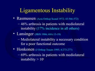 Ligamentous Instability
• Rasmussen (Acta Orthop Scand 1972; 43:566-572)
– 46% arthrosis in patients with mediolateral
instability (17% incidence in all others)
• Lansinger (JBJS 1986; 68A:13-19)
– Mediolateral instability a necessary condition
for a poor functional outcome
• Honkonen (J Orthop Traum 1995; 4:273-277)
– 69% arthrosis in patients with mediolateral
instability > 10o
 