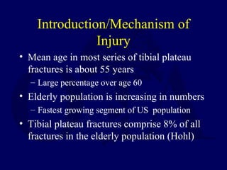 Introduction/Mechanism of
Injury
• Mean age in most series of tibial plateau
fractures is about 55 years
– Large percentage over age 60
• Elderly population is increasing in numbers
– Fastest growing segment of US population
• Tibial plateau fractures comprise 8% of all
fractures in the elderly population (Hohl)
 