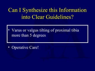 Can I Synthesize this Information
into Clear Guidelines?
• Varus or valgus tilting of proximal tibia
more than 5 degrees
• Operative Care!
 