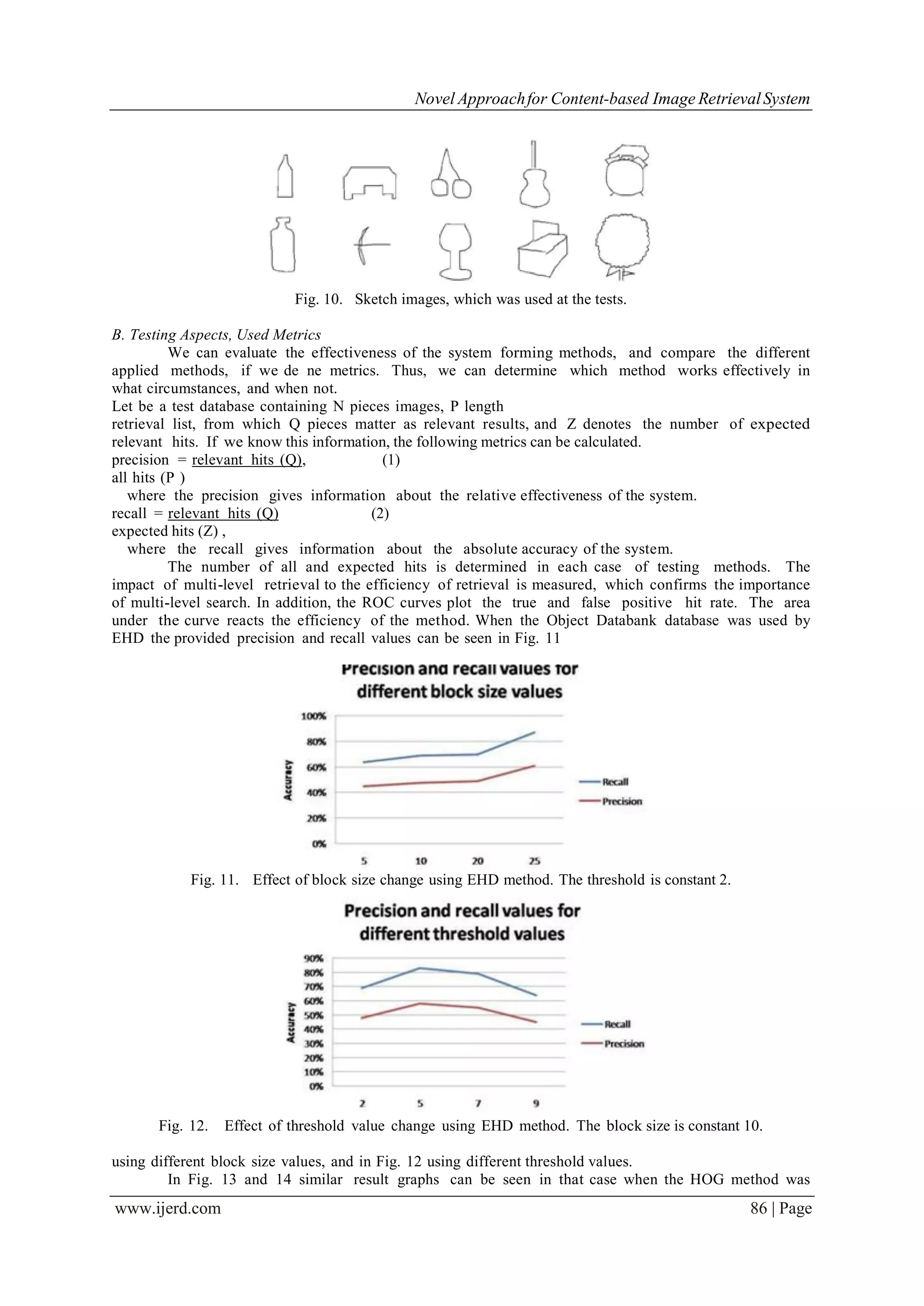 Novel Approachfor Content-based Image RetrievalSystem
www.ijerd.com 86 | Page
Fig. 10. Sketch images, which was used at the tests.
B. Testing Aspects, Used Metrics
We can evaluate the effectiveness of the system forming methods, and compare the different
applied methods, if we de ne metrics. Thus, we can determine which method works effectively in
what circumstances, and when not.
Let be a test database containing N pieces images, P length
retrieval list, from which Q pieces matter as relevant results, and Z denotes the number of expected
relevant hits. If we know this information, the following metrics can be calculated.
precision = relevant hits (Q), (1)
all hits (P )
where the precision gives information about the relative effectiveness of the system.
recall = relevant hits (Q) (2)
expected hits (Z) ,
where the recall gives information about the absolute accuracy of the system.
The number of all and expected hits is determined in each case of testing methods. The
impact of multi-level retrieval to the efficiency of retrieval is measured, which confirms the importance
of multi-level search. In addition, the ROC curves plot the true and false positive hit rate. The area
under the curve reacts the efficiency of the method. When the Object Databank database was used by
EHD the provided precision and recall values can be seen in Fig. 11
Fig. 11. Effect of block size change using EHD method. The threshold is constant 2.
Fig. 12. Effect of threshold value change using EHD method. The block size is constant 10.
using different block size values, and in Fig. 12 using different threshold values.
In Fig. 13 and 14 similar result graphs can be seen in that case when the HOG method was
 