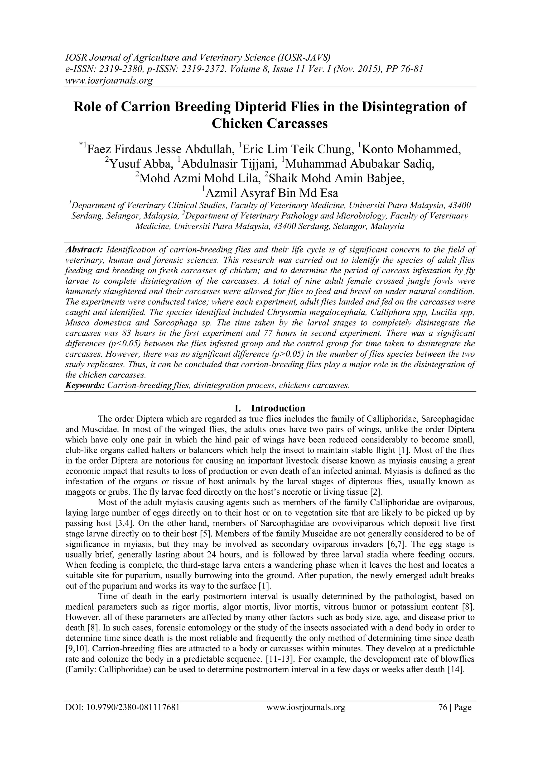Role of Carrion Breeding Dipterid Flies in the Disintegration of ...