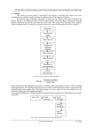 Moving Object Tracking Distance and Velocity Determination based on Background Subtraction
www.iosrjournals.org 65 | Page
4.5 Velocity
The velocity of moving object is calculated by the distance it travelled with respect to the time.
Euclidean distance formula is used to calculate the distance between the sequences of frames.
By using the values of distance with respect to frame rate, the velocity of the object is defined. The
defined velocity is of 2-dimension (since camera is static).Velocity of moving object is determined using the
distance travelled by the centroid to the frame rate of the video. The velocity of moving object in the sequence
frames is defined in pixels / second. The successive frames in a video of moving object are given in figure 6.
Fig.5. Flow chart of object velocity determination
Velocity =
distance. travelled
frame. rate
Object tracking, the main application for security, surveillance and vision analysis. In this, a video is recorded
using digital camera. The recorded video frames are converted into individual frames. Noise is removed for the
imported images using median filter. The filtered images are used as input for the frame difference for the
separation of foreground and background objects.
A rectangular bounding box is plotted around the foreground objects produced from frame difference and frame
subtraction.
Fig.6. Step by step diagrams during evaluation and simulation
Input video
Dividing into
frames
Noise removal
Background
subtraction
algorithm
Object detection
Object bounding
box
Calculation of
distance travelled
Velocity
Determination
Input video Frame
difference
Frame
separation
Dynamic
Threshold
Object
detection
 