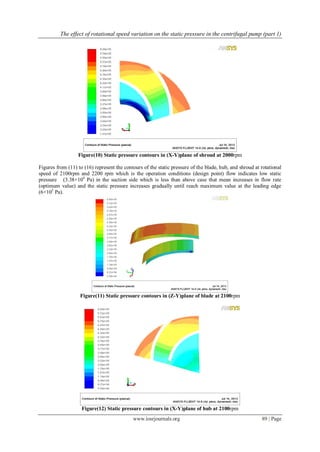 The effect of rotational speed variation on the static pressure in the centrifugal pump (part 1)
www.iosrjournals.org 89 | Page
Figure(10) Static pressure contours in (X-Y)plane of shroud at 2000rpm
Figures from (11) to (16) represent the contours of the static pressure of the blade, hub, and shroud at rotational
speed of 2100rpm and 2200 rpm which is the operation conditions (design point) flow indicates low static
pressure (3.38×104
Pa) in the suction side which is less than above case that mean increases in flow rate
(optimum value) and the static pressure increases gradually until reach maximum value at the leading edge
(6×105
Pa).
Figure(11) Static pressure contours in (Z-Y)plane of blade at 2100rpm
Figure(12) Static pressure contours in (X-Y)plane of hub at 2100rpm
 