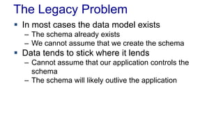 The Legacy Problem
 In most cases the data model exists
– The schema already exists
– We cannot assume that we create the schema
 Data tends to stick where it lends
– Cannot assume that our application controls the
schema
– The schema will likely outlive the application
 