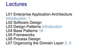 Lectures
L01 Enterprise Application Architecture
Introduction, 1
L02 Software Design
L03 Design Patterns Introduction
L04 Base Patterns 18
L05 Frameworks
L06 Process Design
L07 Organizing the Domain Layer 2, 9
 