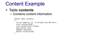 Content Example
 Table contents
– Contains content information
CREATE TABLE contents
(
id int Identity (1, 1) primary key NOT NULL,
title varchar(128),
link varchar(512) unique,
description text,
pubDate datetime,
author varchar(128),
)
 
