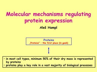 Molecular mechanisms regulating
        protein expression
                             Aleš Hampl


                                Proteins
                   „Proteios“ – the first place (in geek)




• in most cell types, minimum 50% of their dry mass is represented
  by proteins
• proteins play a key role in a vast majority of biological processes
 