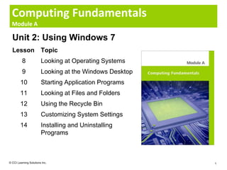 Computing Fundamentals
  Module A

  Unit 2: Using Windows 7
  Lesson                Topic
          8             Looking at Operating Systems
          9             Looking at the Windows Desktop
        10              Starting Application Programs
        11              Looking at Files and Folders
        12              Using the Recycle Bin
        13              Customizing System Settings
        14              Installing and Uninstalling
                        Programs



© CCI Learning Solutions Inc.                            1
 