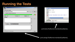 junit.textui.TestRunner.main(testCaseName);
junit.swingui.TestRunner.main(testCaseName);
Running the Tests
 