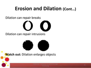 Erosion and Dilation (Cont…)
Dilation can repair breaks
Dilation can repair intrusions
Watch out: Dilation enlarges objects
21
COM2304 - Computer Graphics & Image
Processing
 
