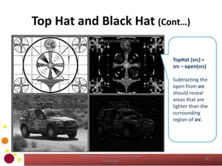 Top Hat and Black Hat (Cont…)
COM2304 - Computer Graphics & Image
Processing
36
TopHat (src) =
src – open(src)
Subtracting the
open from src
should reveal
areas that are
lighter than the
surrounding
region of src.
 