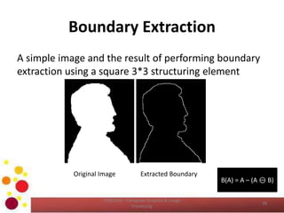 Boundary Extraction
A simple image and the result of performing boundary
extraction using a square 3*3 structuring element
Original Image Extracted Boundary
B(A) = A – (A  B)
38
COM2304 - Computer Graphics & Image
Processing
 
