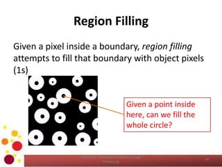 Region Filling
Given a pixel inside a boundary, region filling
attempts to fill that boundary with object pixels
(1s)
Given a point inside
here, can we fill the
whole circle?
39
COM2304 - Computer Graphics & Image
Processing
 