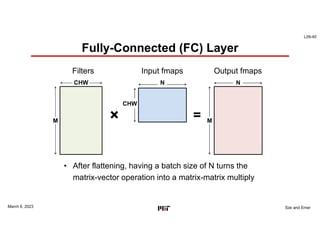 L09-40
Sze and Emer
Fully-Connected (FC) Layer
M
CHW
CHW
N
Filters Input fmaps
×
N
Output fmaps
M
=
• After flattening, having a batch size of N turns the
matrix-vector operation into a matrix-matrix multiply
March 6, 2023
 