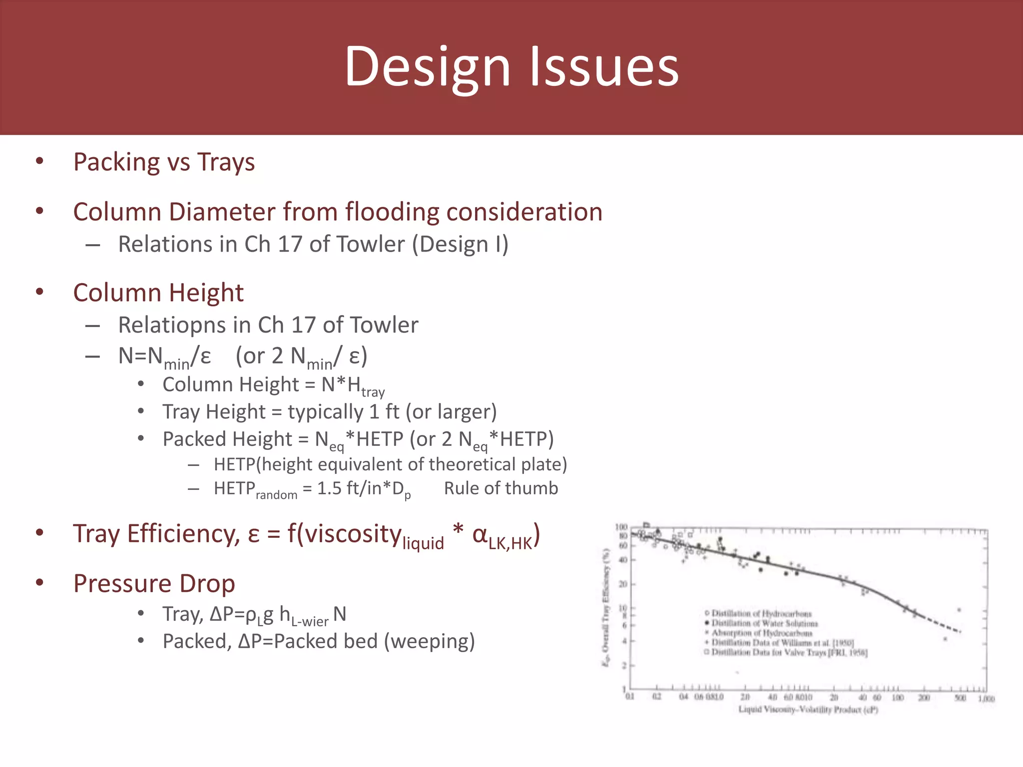 Design Issues
• Packing vs Trays
• Column Diameter from flooding consideration
– Relations in Ch 17 of Towler (Design I)
• Column Height
– Relatiopns in Ch 17 of Towler
– N=Nmin/ε (or 2 Nmin/ ε)
• Column Height = N*Htray
• Tray Height = typically 1 ft (or larger)
• Packed Height = Neq*HETP (or 2 Neq*HETP)
– HETP(height equivalent of theoretical plate)
– HETPrandom = 1.5 ft/in*Dp Rule of thumb
• Tray Efficiency, ε = f(viscosityliquid * αLK,HK)
• Pressure Drop
• Tray, ΔP=ρLg hL-wier N
• Packed, ΔP=Packed bed (weeping)
 