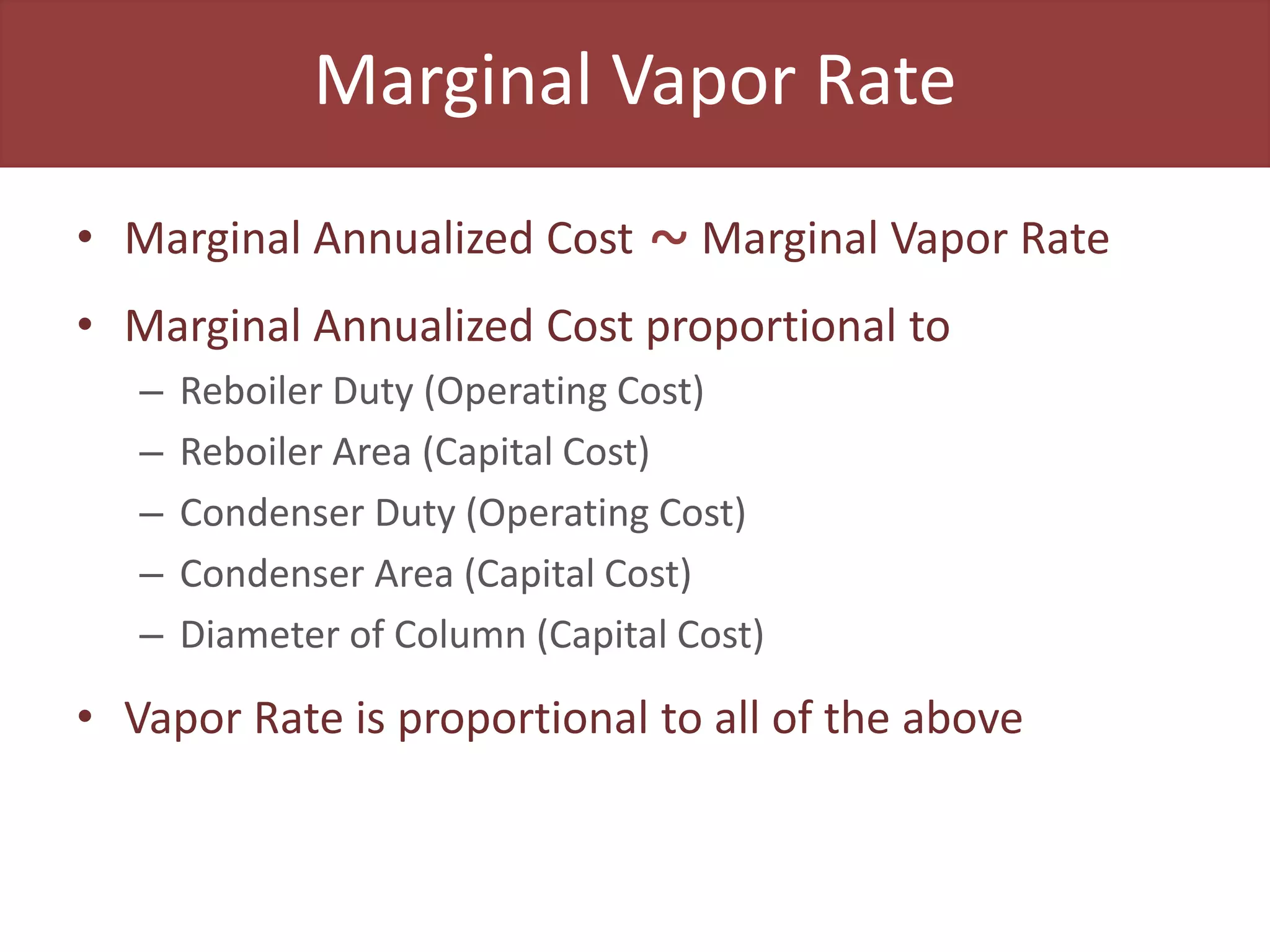 Marginal Vapor Rate
• Marginal Annualized Cost Marginal Vapor Rate
• Marginal Annualized Cost proportional to
– Reboiler Duty (Operating Cost)
– Reboiler Area (Capital Cost)
– Condenser Duty (Operating Cost)
– Condenser Area (Capital Cost)
– Diameter of Column (Capital Cost)
• Vapor Rate is proportional to all of the above
~
 